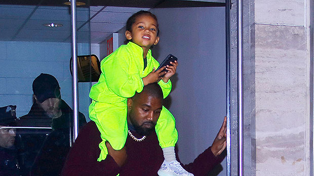 Saint West, 4, Rocks Bright Neon Green Outfit While Riding On Dad Kanye’s Shoulders — Cute Pics - hollywoodlife.com - New York