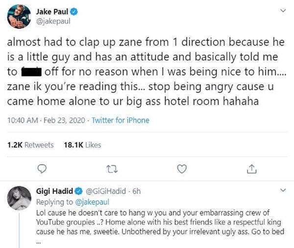 Gigi Hadid gives fiery response as YouTuber Jake Paul slams Zayn Malik - www.breakingnews.ie - city Milan