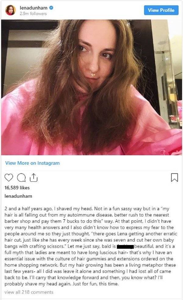 Lena Dunham celebrates hair growth after it fell out due to illness - www.breakingnews.ie
