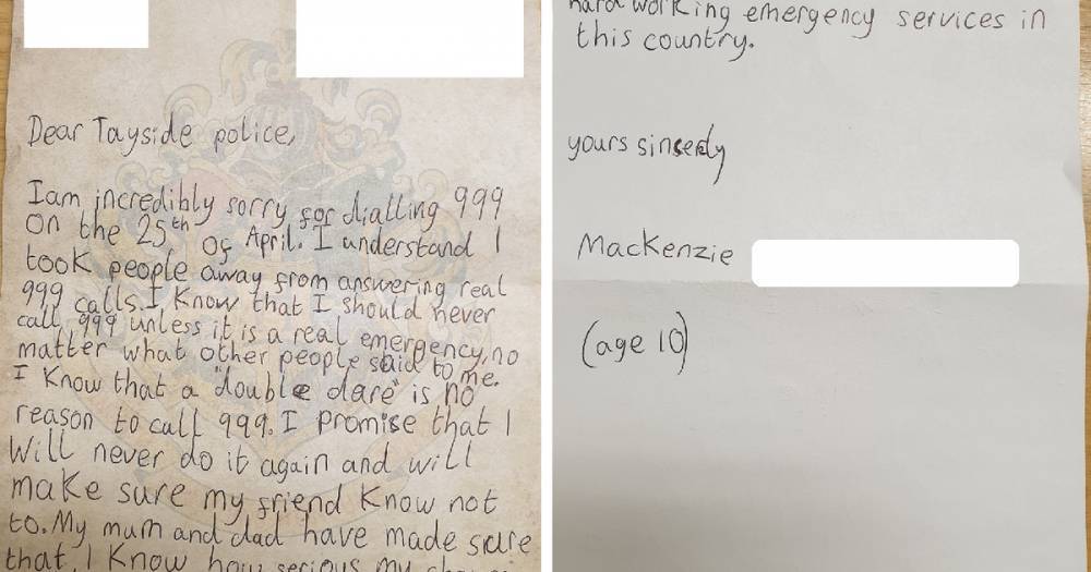 Scots youngster pens hand-written apology letter after "double dare" hoax call to police - www.dailyrecord.co.uk - Scotland