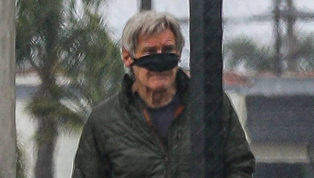 Harrison Ford Pulls Up His Face Mask to Drink His Coffee - www.justjared.com - county Harrison - county Ford