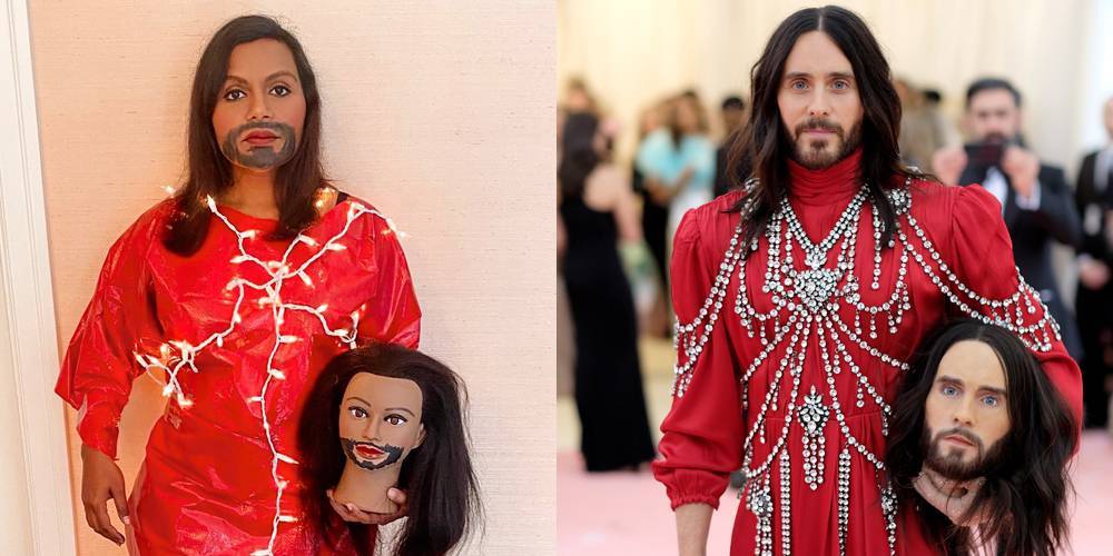 Mindy Kaling Recreates Jared Leto's Two-Headed Met Gala Look With a Tarp, Lights, & Packing Tape - www.justjared.com