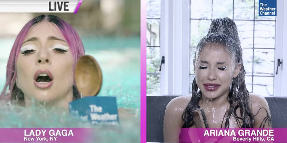 Lady Gaga and Ariana Grande Get Completely Soaked in Another Fake Weather Channel Broadcast - www.harpersbazaar.com