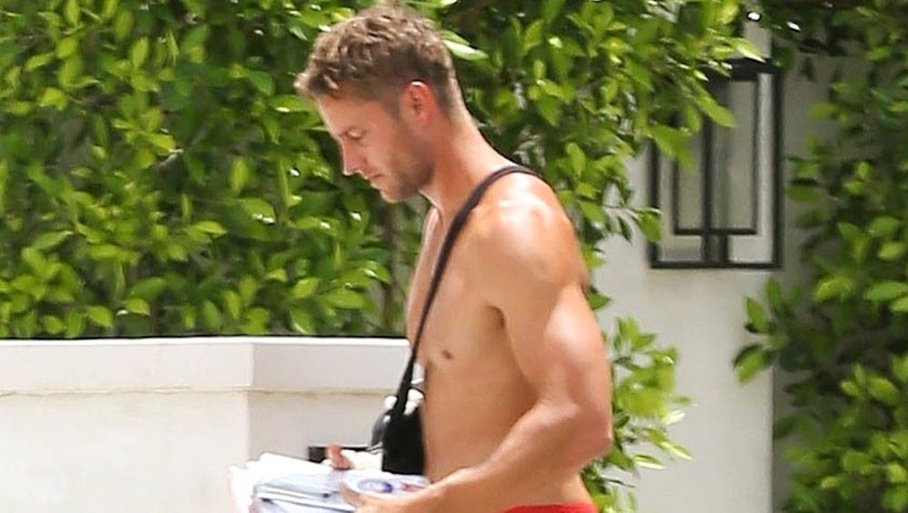 Justin Hartley Shows Off Nasty Injury With Arm In Sling While Walking Shirtless Outside His House - hollywoodlife.com - California