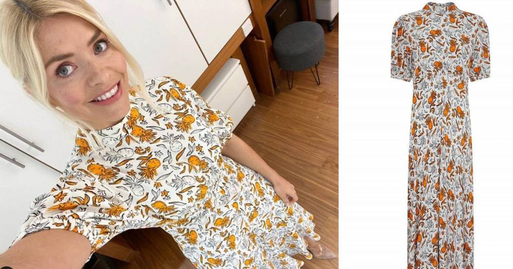 Holly Willoughby looks ready for summer in pineapple print dress on This Morning – you can buy it here - www.ok.co.uk