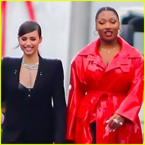 Megan Thee Stallion Rocks Red Leather Coat for Revlon Shoot with Sofia Carson - www.justjared.com - New York - county Carson