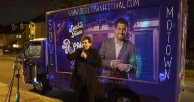 James Argent is all smiles as he sings to people on their doorsteps in front of personalised mobile van - www.msn.com