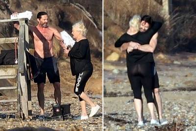 Hugh Jackman and wife go for a very chilly swim in the Hamptons - nypost.com - New York - county Hampton