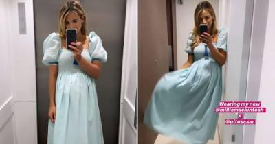 Vogue Williams shows off her bump in this blue milkmaid dress from Millie Mackintosh's fashion line – get the look from £22 - www.ok.co.uk