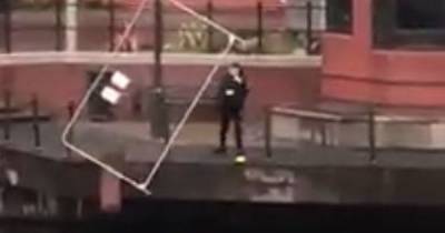 Watch moment group of yobs hurl fence into water at Salford Quays - www.manchestereveningnews.co.uk