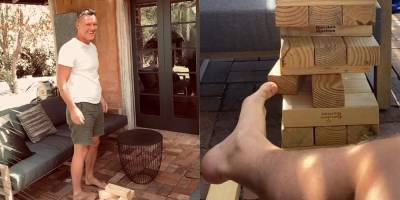 Luke Evans Plays a Game of Giant Jenga with His Feet (Video) - www.justjared.com - Australia