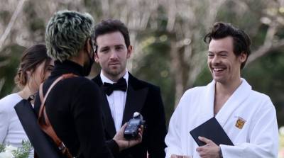 Harry Styles Wore a Bathrobe & Slippers for His Manager's Wedding Photos & We Have All the Pics! - www.justjared.com