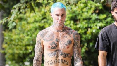 Adam Levine Goes Shirtless Rocks Blue Hair Makeover In LA — Before After Photos - hollywoodlife.com