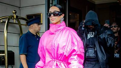 Kim Kardashian Wears Barbie Pink Bubble Style Coat Silver Shoes Heading To ‘SNL’ Studio — Photos - hollywoodlife.com