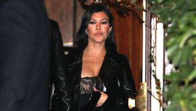 Kourtney Kardashian Rocks Sexy Black Mini Leather Jacket To Simon Huck’s Pre-Wedding Party With Travis Barker - hollywoodlife.com