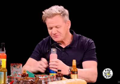 Gordon Ramsay - Gordon Ramsay Sprays ‘Hot Ones’ Host Sean Evans With Pepto Bismol As He Takes On Wings Of Death For A Second Time - etcanada.com