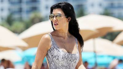 Kourtney Kardashian Rocks Sexy Metallic Swimsuit On The Tennis Court — Pic - hollywoodlife.com