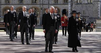 Elizabeth II - prince Charles - Prince Harry - Philip Princephilip - princess Anne - Peter Phillips - Mark Phillips - Prince Harry and Prince William Reunite, Walk Behind Prince Philip’s Casket at Funeral - usmagazine.com - county Andrew - county Prince Edward