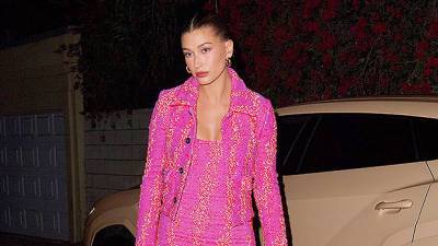 Hailey Baldwin Looks Just Like A Barbie Doll In Bright Pink Dress Stepping At Dinner — Pics - hollywoodlife.com - Los Angeles