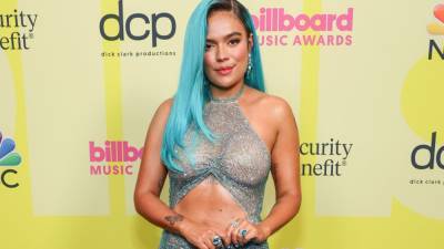 Karol G Rocks Stunning Sheer Gown and Bright Blue Hair at 2021 Billboard Music Awards - www.etonline.com - Colombia