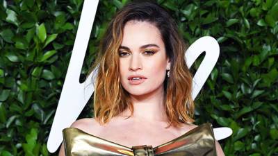 Lily James Channels Pamela Anderson With Iconic Messy Up-Do Metallic Lamé Mini Dress - hollywoodlife.com - Britain - Los Angeles