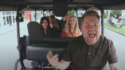 'Friends' Cast Sings the Theme Song With James Corden Before He 'Nearly Kills' Them in Funny Accident - www.etonline.com