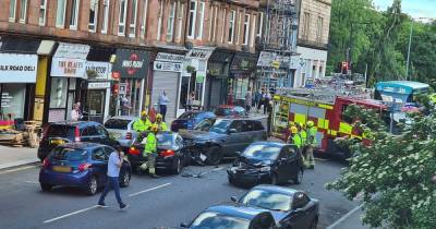 Wrecked cars block busy Glasgow street as emergency services race to three vehicle smash - www.dailyrecord.co.uk - Scotland