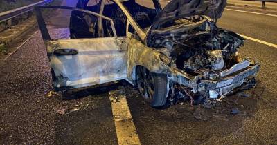 Car left burnt out wreck after M56 crash - the driver miraculously survived and is now under arrest - www.manchestereveningnews.co.uk