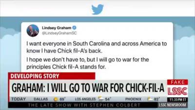Colbert Channels Hit Movies to Mock Lindsey Graham’s Chick-fil-A Warmongering (Video) - thewrap.com - Indiana - county Colbert