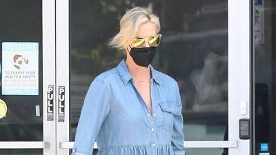 Charlize Theron Steps Out In Denim Mini Dress Sandals Leaving An L.A. Dance Studio — Photos - hollywoodlife.com - Los Angeles - city Sandal