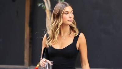 Hailey Baldwin Tries On Open Black Top Black Mini Dress For An Evening Out — See Photos - hollywoodlife.com