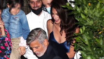 Amal Clooney Rocks Low-Cut Blue Dress On Romantic Dinner Date With George In Italy - hollywoodlife.com - Italy - George - Lake