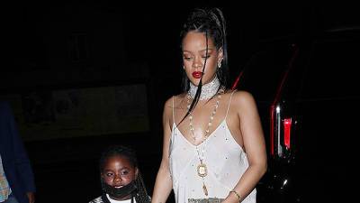 Rihanna Rocks Sexy Blush Slip Dress Lots Of Jewelry On Dinner Date With Niece Majesty, 7 - hollywoodlife.com - Santa Monica