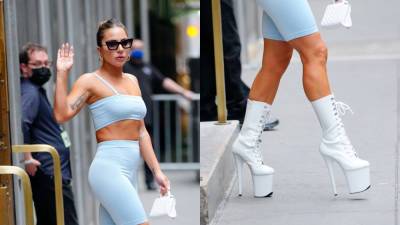 Lady Gaga steps out in crop top, biker shorts and sky-high platform heels in New York City - www.foxnews.com - New York