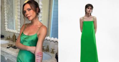Victoria Beckham ditches her signature LBD for a bright green frock - steal her style for £17.99 - www.ok.co.uk