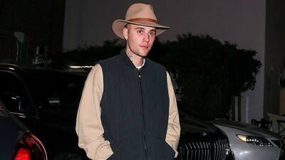 Hailey Bieber - Justin Bieber - Justin Bieber Covers His Newly-Shaved Head With Fedora Hat On Solo Night Out - hollywoodlife.com - Italy - Canada - Beverly Hills