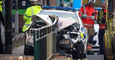 "I heard a massive bang. It scared the life out of me": Road closed with police car in tatters after smashing into barrier - www.manchestereveningnews.co.uk - China - Manchester - county Oldham - Hong Kong