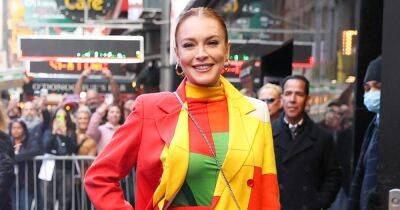 Lindsay Lohan - Lindsay Lohan Takes It Back to the ’70s in a Vibrant Patchwork Suit - usmagazine.com - New York - Netflix