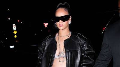 Rihanna Shows Off Baby Bump In Silver Bikini Top Leather Mini Skirt Headed To Dinner – Photos - hollywoodlife.com - Los Angeles - Italy - Barbados - Santa Monica