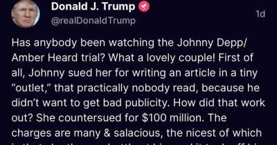 Donald Trump - Johnny Depp - Amber Heard - 'What a lovely couple': Trump says Amber Heard has arm like baseball pitcher in first comments on Depp trial - msn.com - Australia - city Sandy