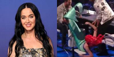 Katy Perry - Lionel Richie - Ryan Seacrest - Luke Bryan - VIDEO: Katy Perry Falls Out of Chair on 'American Idol' While Dressed as Little Mermaid's Ariel - justjared.com - USA - county Falls