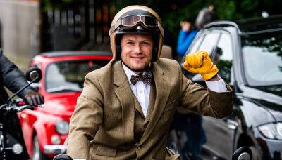 Sam Heughan Wore a Suit & Bow Tie While Riding a Motorcycle for Charity! - www.justjared.com - London