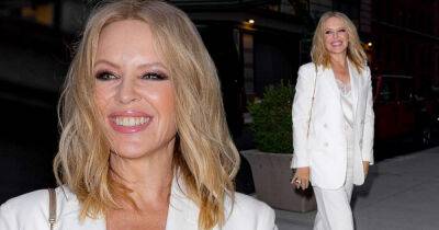 Kylie Minogue wears all-white outfit while outside WWHL studio in NYC - www.msn.com - Australia - Britain - USA - New York