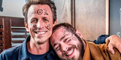 Seth Meyers - Post Malone Gives Seth Meyers Face Tattoos While Day Drinking - justjared.com
