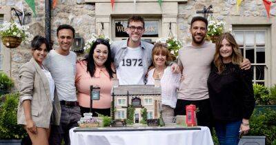 Mark Charnock - Lisa Riley - Jay Kontzle - Jane Hudson - Hudson - Emmerdale celebrate 50th anniversary with giant Woolpack cake as they tease 'epic stunts' and tear-jerking storylines - ok.co.uk