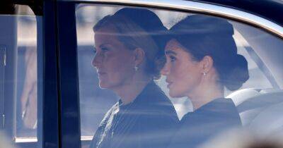 prince Harry - Meghan Markle - Elizabeth II - prince Philip - Charles Iii III (Iii) - Williams - Meghan Markle Rides With Sophie Wessex During Procession for Queen Elizabeth II: Photos - usmagazine.com - county Hall - city Westminster, county Hall - county Prince Edward