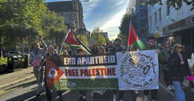 Thousands march in pro-Palestine demonstration through streets of Belfast - www.dailyrecord.co.uk - county Hall - Ireland - city Belfast - Eu - Israel - Palestine - Beyond