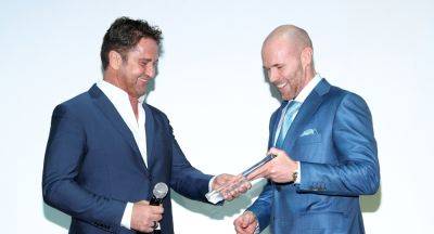 Gerard Butler Presents BFF Oliver Trevena with Breakout Actor Award at Rome Film Festival - www.justjared.com - Italy