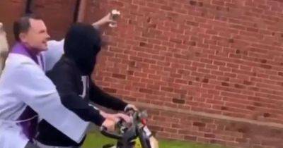 Priest shakes holy water from the back of motorbike driven by masked youth at funeral for Saul Cookson - www.manchestereveningnews.co.uk - Manchester - county Pendleton