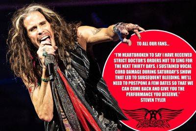 Aerosmith postpones multiple dates of final tour after Steven Tyler suffers ‘vocal chord damage’: ‘I’m heartbroken’ - nypost.com - Chicago - Las Vegas - Washington - Detroit - city Philadelphia - Boston